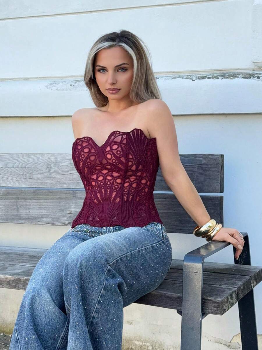 Jeta Ari Women's Sexy Sleeveless Burgundy Lace Up Top With Strapless Neckline And Semi-Sheer Fabric Summer - Burgundy - View 1