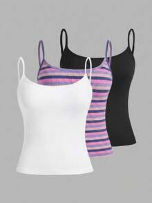 SHEIN EZwear 三件套休闲简约风黑白罗纹短款吊带背心，百搭夏季，适合度假、通勤、约会、派对、秋冬季、婚礼、海滩、毕业典礼等场合，时尚优雅，休闲百搭，适合外出、约会、预约、通勤等各种场合，闪亮亮片，优雅时尚，适合度假、休闲、Y2K风格等各种场合，适合毕业典礼等场合。 - 彩色 - 查看 17