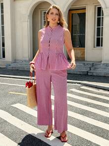 Easura Conjunto informal de 2 piezas de blusa y pantalón de talla grande con estampado de cuadros - Rosa - Ver 4