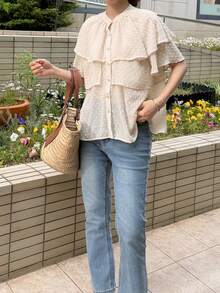 FRIFUL Women's Polka Dot Short Sleeve Layered Ruffle Casual Versatile Blouse, Summer - Beige - View 5