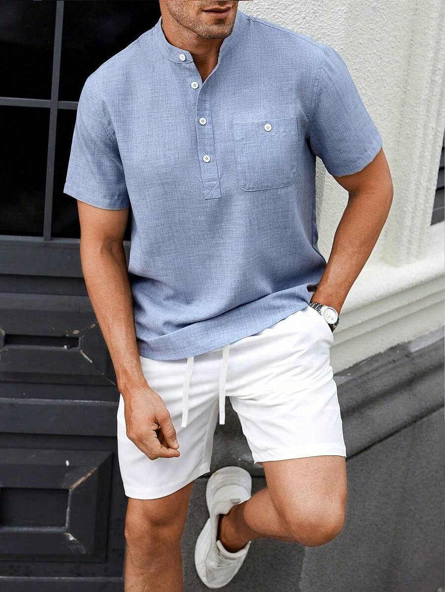 Manfinity CasualCool Bộ 2 áo sơ mi tay ngắn cài nút phía trước và quần short cho nam, thiết kế đơn giản - Xanh và trắng - Xem 1