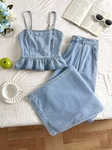 SHEIN PETITE Bộ áo hai dây denim xếp ly và quần ống rộng cho nữ, trang phục thường ngày thanh lịch cho mùa hè đi biển và nghỉ mát. Áo hai dây denim xếp ly viền và quần denim cho nữ, mùa hè. - Rửa nhẹ - Xem 5