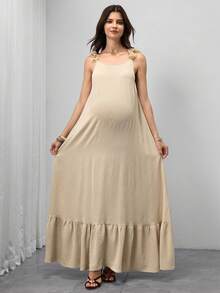 SHEIN Đầm hai dây viền bèo, đầm đi nghỉ mát màu mơ dáng rộng, đầm xếp ly thắt eo, đầm bầu thoải mái thường ngày, đầm mang không khí nghỉ dưỡng. - Màu be - Xem 3
