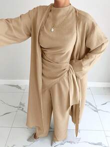 Siren Gaze Set casual de 3 piezas con blusa de manga larga de hombros caídos y pantalones de unicolor para mujer - Caqui - Ver 5