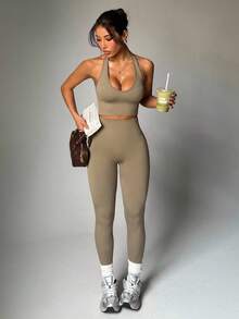 BamGleam Women's Solid Color Minimalist Halter Top And Pants Sports Suit Workout Sets - Khaki - View 7