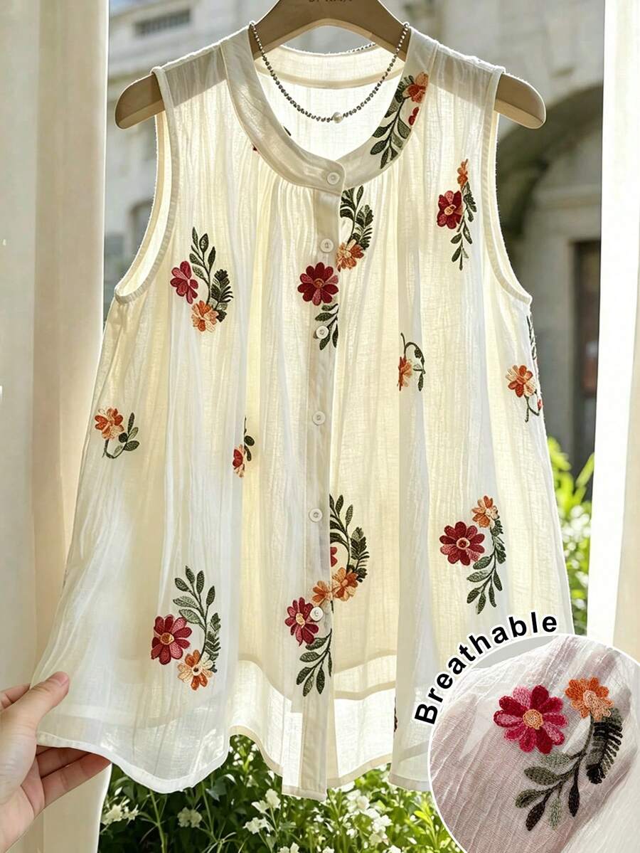 Airaco Plus Size Single-Breasted Embroidered 3D Floral Sleeveless Blouse Top With Design Details - Beige - View 1