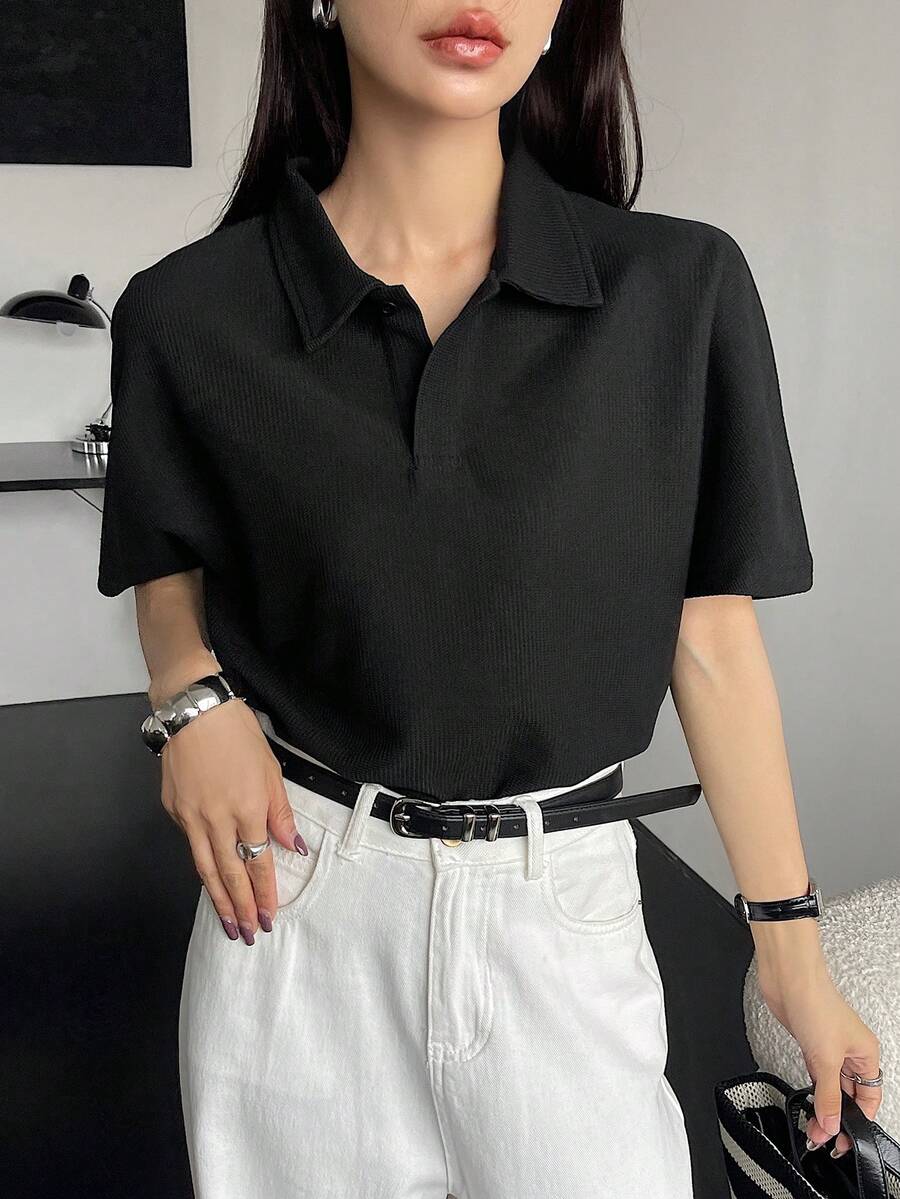 DAZY Women Business Casual Solid Short Sleeve Blouse - Black - View 1