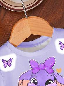2pcs/Set Young Girls' Cute Rabbit & Butterfly Print Short Sleeve Top And Shorts Set,Korean Sweet Style Fashion Summer Family Matching Casual Outfits - Multicolor - View 4