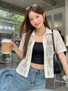 DAZY Women Lace Turndown Collar Cardigan Top, Summer Sheer,Crop Tops Women - Beige - View 8