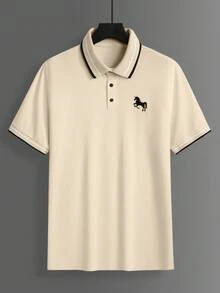 Calvornis Men's Jacquard Collar Embroidered Short Sleeve Casual Polo Shirt, Formal - Apricot - View 5