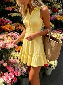 Cévolie Vestido corto sin mangas de unicolor con volantes en el bajo, para verano - Amarillo - Ver 4
