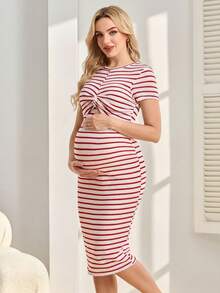 GentleRue Maternity 女士舒适休闲短袖哺乳连衣裙 - 紅色 - 查看 4