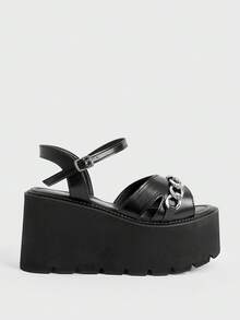 Sugerpunk Sandales compensées plateforme sexy et confortables pour femmes, style punk, gothique, avec boucle en métal sur plateforme muffin. Design à la mode pour les vacances, les sorties en boîte de nuit, le bureau ou la ville. Chaussures d'été pour femmes - Noir - Voir 1