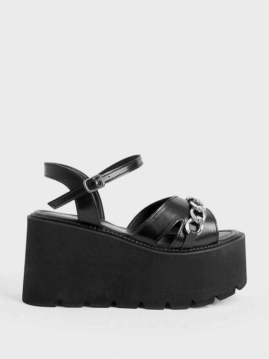Sugerpunk Sandales compensées plateforme sexy et confortables pour femmes, style punk, gothique, avec boucle en métal sur plateforme muffin. Design à la mode pour les vacances, les sorties en boîte de nuit, le bureau ou la ville. Chaussures d'été pour femmes - Noir - Voir 1