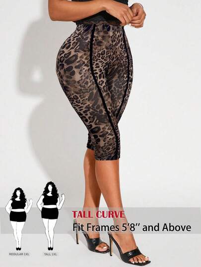 SHEIN Tall CURVE Leggings capri de talla grande para mujer con estampado de leopardo y cintura elástica