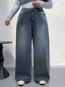 Dazy Plus Plus Size Distressed Washed Wide Leg Long Denim Jeans - Dark Wash - View 3