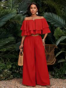SHEIN Lady Women's Red Off-Shoulder Ruffle Crop Top And Wide Leg Pant Set Summer Two Piece Outfit - Red - View 6