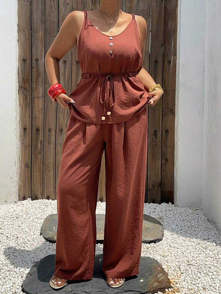Dazy Plus 2pcs/Set Spaghetti Strap Tie-Waist Top And Casual Loose Pants, Vacation Style, Plus Size