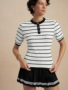 Nima Coro Women's Black And White Striped Metal Button T-Shirt,Summer Effortless Chic Fitted Jacquard Knit Top,School Back-To-School Casual Elegant Tee - Black and White - View 5