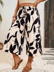 Freevana Plus Size Floral Print Wide Leg Capri Pants - Apricot - View 4