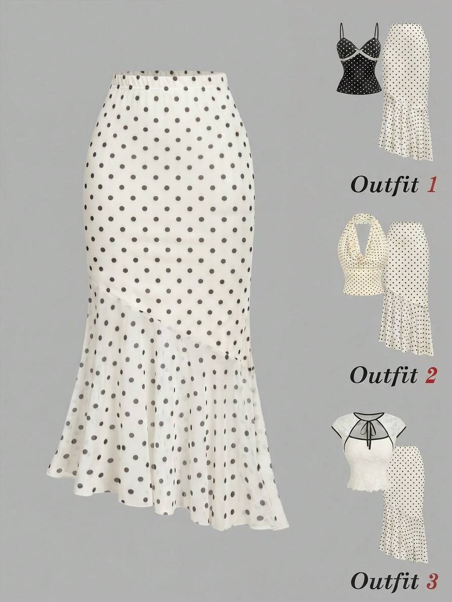 SHEIN x Luisa Sonza SHEIN MOD 女士优雅复古度假风波点印花不对称鱼尾裙,适合春、夏、秋季穿着。 - 杏色 - 查看 1