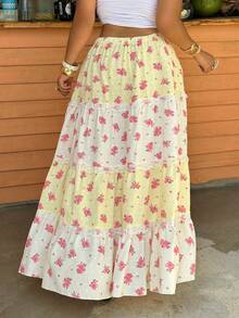 Sunnyshic Vintage Boho Floral Skirt Women's Elastic Waist Contrast Lace Bohemian Color Block Loose Skirt Plus Size Summer Holiday Casual Wear White - Multicolor - View 2