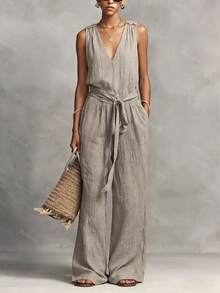 Breezaya Women's Summer Casual Fashion Vintage V-Neck Sleeveless Cinched Waist Waist Long Textured Wide Leg Jumpsuit In Khaki - Khaki - View 3