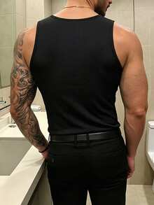 Manfinity Dauomo 男士性感度假风开衩紧身金属扣背心 - 黑色 - 查看 2