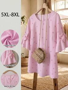 SHEIN CURVE+ Curve 尺码 US22 音乐节、海滨度假、波西米亚风女士蝴蝶结装饰圆领紫红色衬衫，夏季 - 彩色 - 查看 1