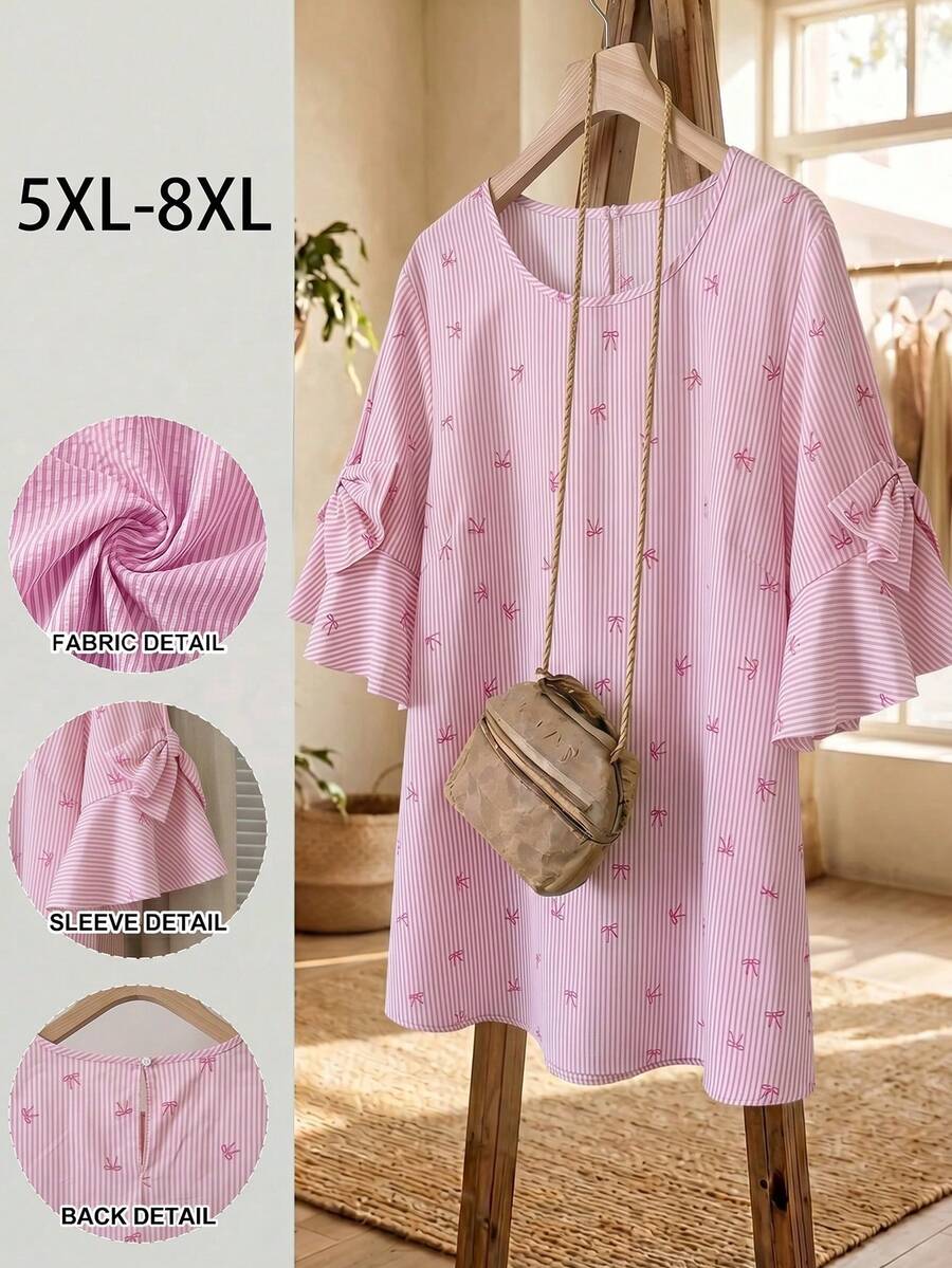 SHEIN CURVE+ Curve 尺码 US22 音乐节、海滨度假、波西米亚风女士蝴蝶结装饰圆领紫红色衬衫,夏季 - 彩色 - 查看 1