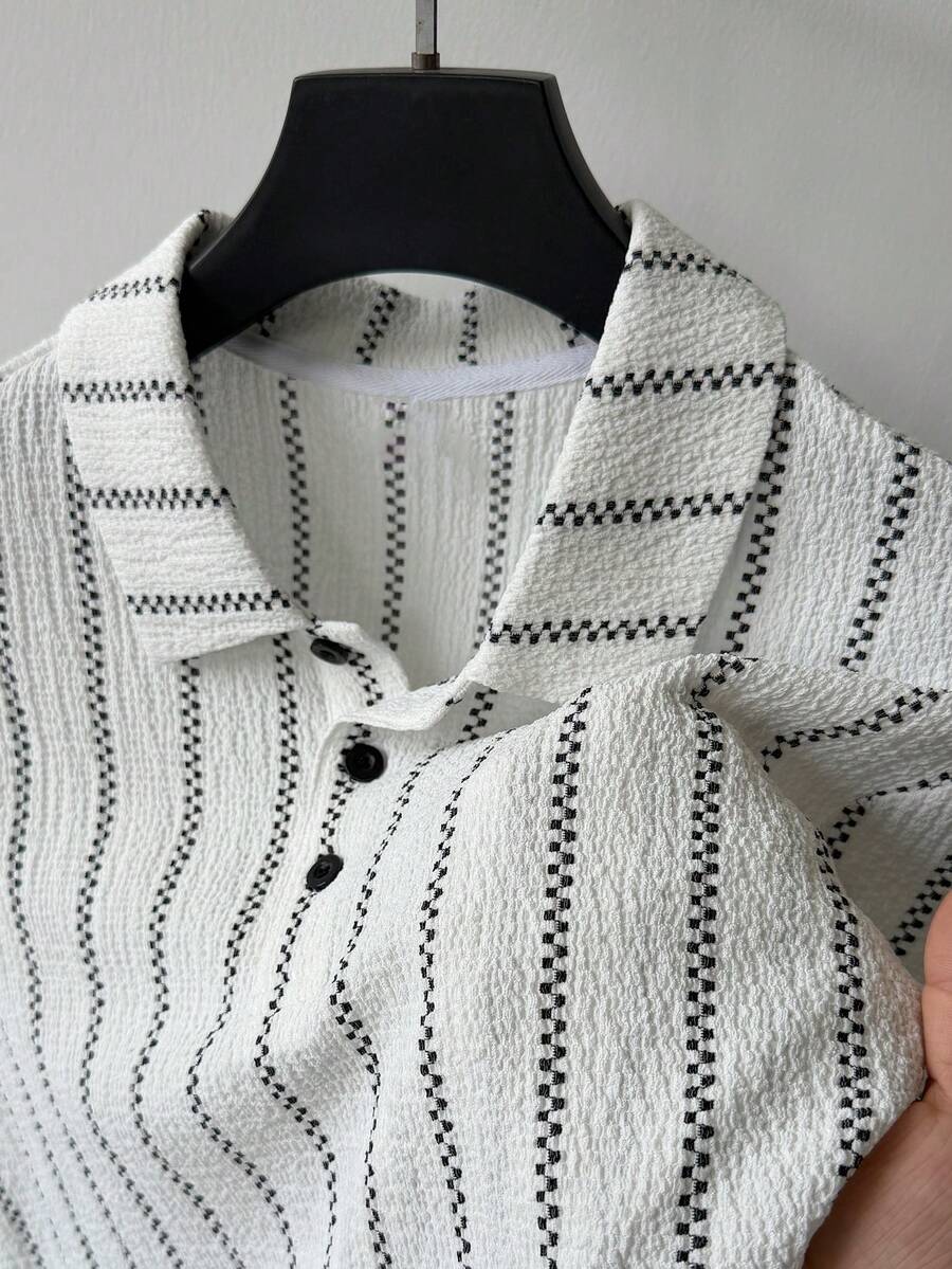 Manfinity CasualCool Áo polo nam tay ngắn kẻ sọc, kiểu dáng thường ngày, thích hợp đi làm. - Đen và trắng - Xem 1