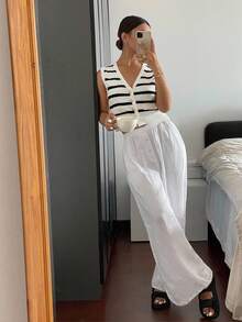 Siren Gaze Women's Black And White Striped V-Neck Single-Breasted Knit Vest,Summer Paris Brunch Style,Minimalist Sleeveless Sweater Cardigan With Pocket,Office - Black and White - View 4