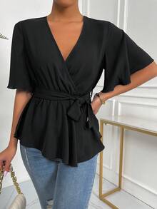 EMERY ROSE Solid Wrap Belted V-Neck Blouse Peplum Top - Black - View 7