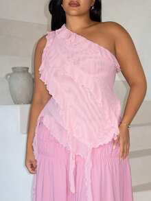 Slaydiva Top femme grande taille rose unicolore ajusté sans manches à une épaule, asymétrique, avec volants, patchwork, franges et empiècement en maille, style sexy et romantique, pour vacances printemps/été, street style, tenue quotidienne, à la mode réseaux sociaux, tenue de vacances d'été, festival de musique, Pâques, plage, bord de mer, style étudiant - A - Rose bonbon - Voir 2