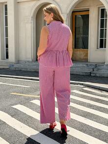 Easura Conjunto informal de 2 piezas de blusa y pantalón de talla grande con estampado de cuadros - Rosa - Ver 8