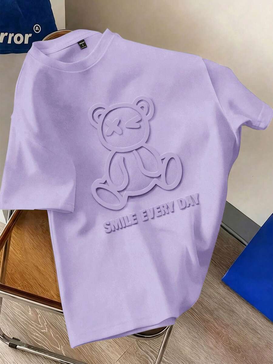 Manfinity Joysei Men's Purple Letter & Teddy Bear Print Round Neck Short Sleeve T-Shirt - Purple - View 1