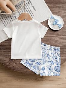SHEIN Bộ áo thun và quần short in hình đại dương cho bé gái. - trắng - Xem 2