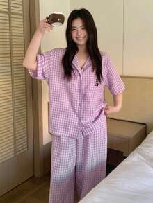 Dazy Plus Flat Collar Plaid Loose Cartoon Pattern Short Sleeve Top And Loose Pants Pajama Set - Purple - View 9