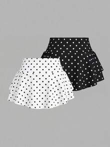 Comfortcana 两件套女士甜美波点印花层叠荷叶边裙套装 - 黑與白 - 查看 2