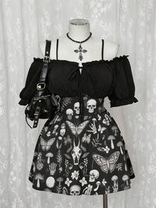 Sunspun Plus Size Women Gothic Style Off-Shoulder Butterfly & Skull Print Fashion Dress - Black - View 1