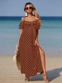 Breezaya Gaun Wanita Motif Polkadot dengan Hiasan Ruffle dan Belahan Tinggi di Bahu, Cocok untuk Liburan di Pantai - MultiWarna - View 4