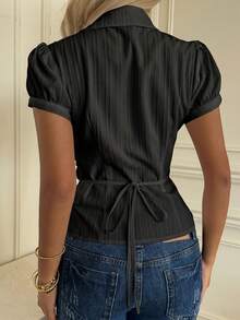 CovetEZ Women's Solid Color Regular Shoulder Short Sleeve Front Button Down Fitted Shirt, Summer Top, Black - Black - View 3