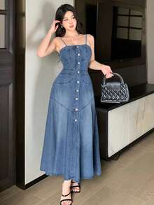 DAZY Đầm hai dây denim bạc màu, phong cách thường ngày dành cho nữ, thích hợp cho mùa xuân và mùa hè. - Màu xanh lam - Xem 5