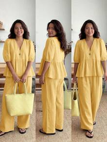 Enliva Plus-Size Women's Ruffled Puff Sleeve Two Pieces Set, V-Neck Cardigan Top And Stretch Waist Trousers Set, For Apple And Rounded Body Shape - Yellow - View 3