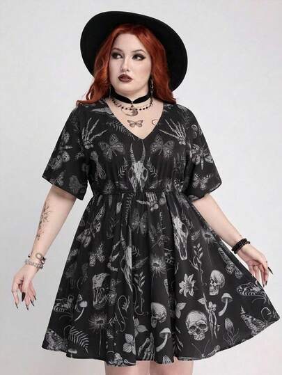 ROMWE Đầm cỡ lớn dáng rộng in hình đầu lâu rừng rậm kinh dị Gothic