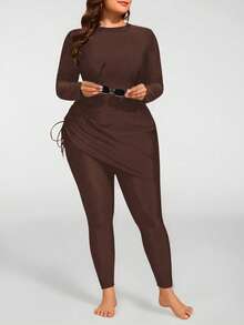 Swim Mulvari Plus Size Women 2pcs Solid Color Modest Middle East Style Long Sleeve & Long Pants Swimwear Set - Coffee Brown - View 4