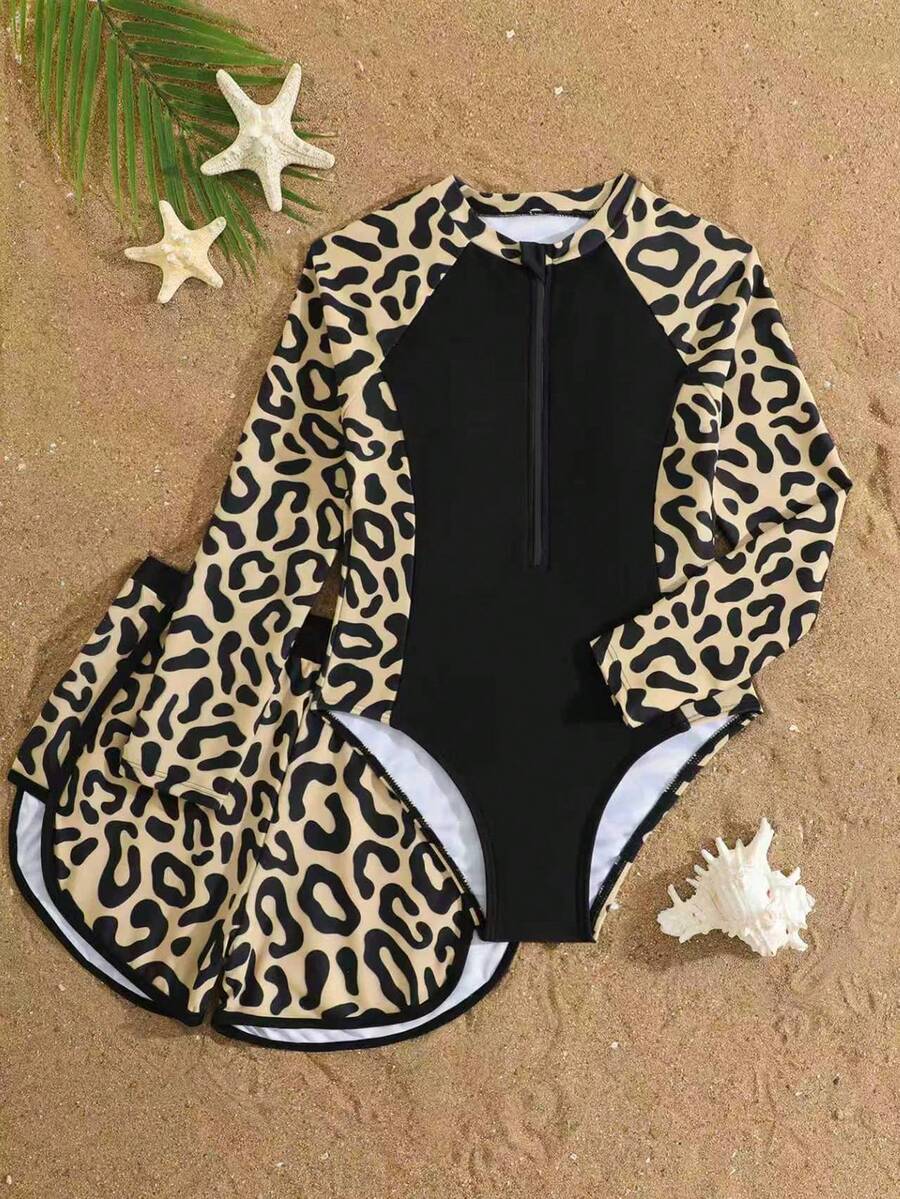 SHEIN 少女花卉豹纹比基尼套装，长袖拼接设计，前拉链，两件式泳衣，时尚休闲优雅，适合游泳、夏季度假、海滩、泳池等场合。 - 彩色 - 查看 1