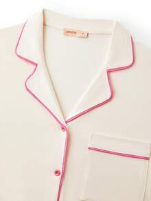 LUVLETTE Soft 100% Pure Cotton Contrast Trim Short-Sleeve Basic Button-Up Top & Pants Loungewear Pajama Set - Beige - View 12