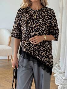 SHEIN LUNE 2 chiếc áo thun nữ màu trơn dáng suông, phối ren, kiểu dáng thường ngày, thích hợp cho mùa xuân và hè. - Nhiều màu - Xem 6