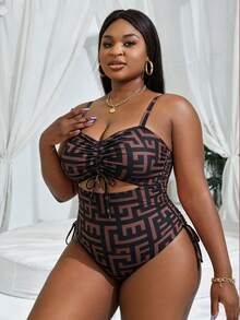 Slaydiva Plus Size Women Beach Vacation Holiday Solid Color Bandeau Top With Adjustable Drawstring Tie, Adjustable Wide Strap, One-Piece Swimsuit - Black - View 3